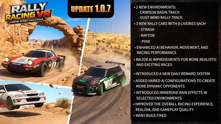Обновление V7 в Rally Racing VR: новые трассы, машины и умный ИИ