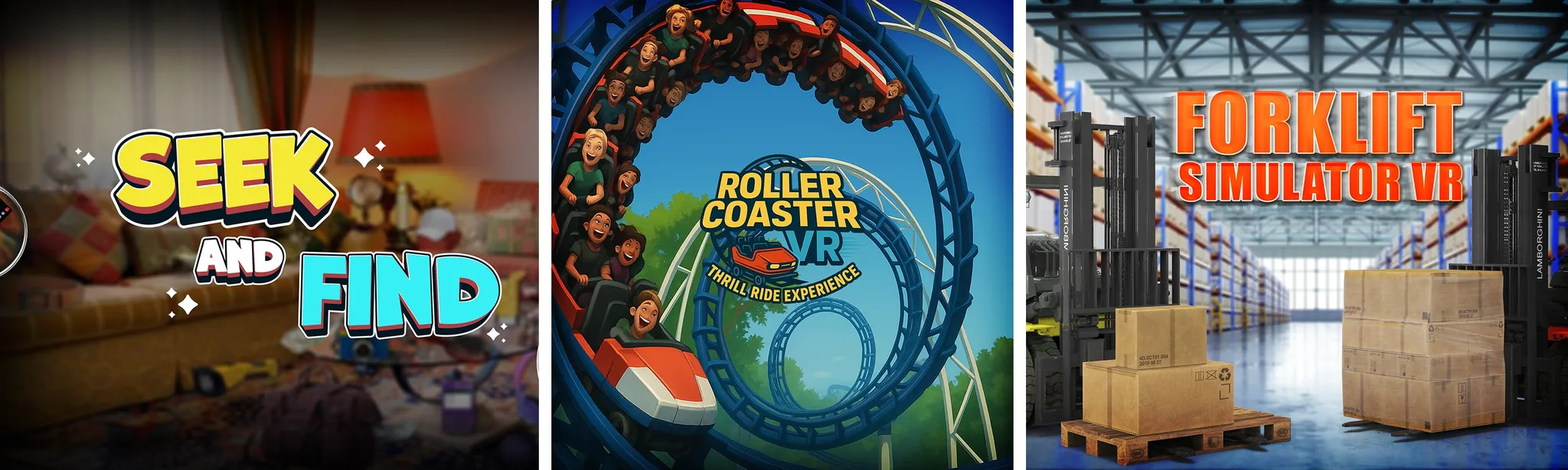 О товаре VR Simulator Mega Pack: Forklift, Roller Coaster & Seek Find