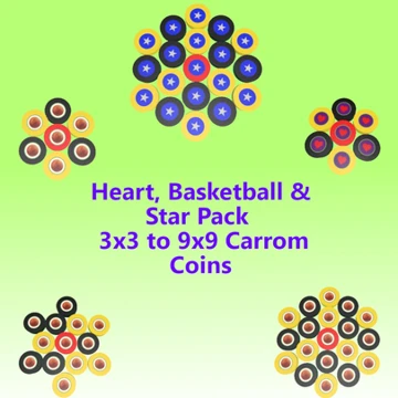 Heart, Basketball & Star Pack – 3x3 to 9x9 Carrom Coins